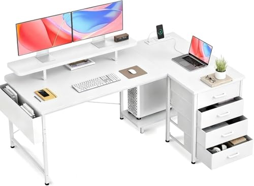 Claiks Bureau d'angle avec 4 Tiroirs,160x80x75 cm Bureau en L avec Prises de Courant et Ports de Charge USB, Table avec Support d'écran und Poche de Rangement latérale pour dans Un Grand, Blanc/Blanc