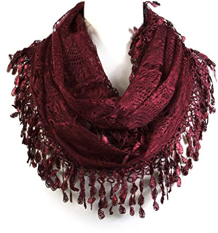 Scarf& Scarfand's Delicate Lace Infinity with Teardrop Fringes (Burgundy)