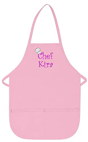 Made in the USA Chef Any Name Child Personalized Embroidered Premium Child Apron for Kids Girls Boys Fun in the Kitchen Gift Pink Regular