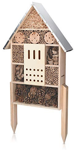 Navaris XL Wooden Insect Hotel - 38 x 11.5 x 57 cm - Natural Wood Insect House - Garden Shelter Bamboo Nesting Habitat for Bees Butterflies Ladybirds