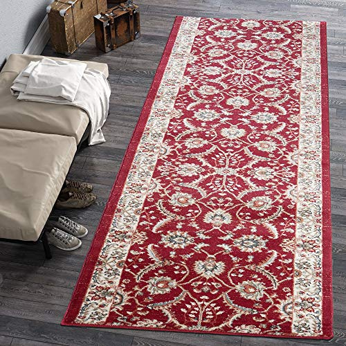 Carpeto Rugs Blumen Teppich Läufer Flur - Orientalisch Teppichläufer - Kurzflor, Weich - Flurläufer für Wohnzimmer, Schlafzimmer - Teppiche - Meterware - Rot Burgund 2-80 x 500 cm