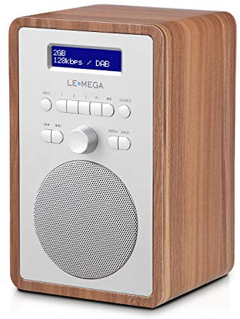 LEMEGA CR2+ Radio Digitale DAB/DAB+/FM, Alimentata dalla Rete, Doppio Allarme Orologio, Timer per Dormire in Cucina, 20 Preimpostate, Uscita Cuffie, Effetto Legno - Finitura Noce
