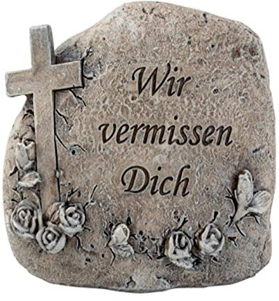 Trauer-Shop Mini Grabstein Wir Vermissen Dich - Deko Stein mit Gravur Inschrift aus Kunstharz - Grau - Verziert mit Kreuz und Rosenranke - Höhe 11 cm, Breite 12,5 cm