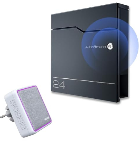 Metzler Exklusiver Briefkasten mit Funkklingel Hoffmann - Briefkasten in Anthrazit - Wandbriefkasten mit Edelstahl-Namensschild, Zeitungsfach und 1 Steckdosen-Funk-Empfänger - Größe: 37 x 37 x 10,5 cm