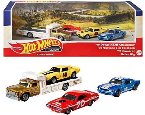 Hot Wheels Premium Collector Set Includes 70 Dodge Challenger Hemi, 65 Mustang 2+2 Fastback, 70 Camaro and Retro Rig