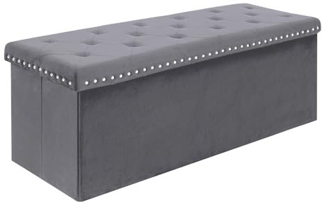 Bonlife Ottoman Storage Box, Folding Tufted Ottomans with Storage, Extra Large 140L Toy Chest Footrest Bench for Bedroom, Luxury Velvet Fabric,Grey,110x40x40cm