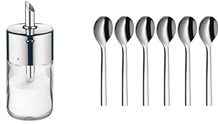 WMF Barista Zuckerstreuer, 240g, Glas, Cromargan Edelstahl, poliert & Nuova Espressolöffel Set, 6-teilig, Espressolöffel, spülmaschinengeeignet, L 11 cm, Cromargan Edelstahl poliert