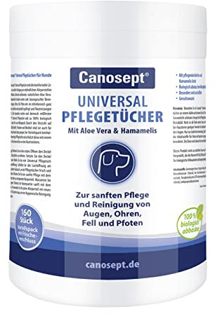 Canosept Universal Pflegetücher für Hunde 160 Stück -Ohrenreiniger Hund, Pfotenpflege Hund, Augenpflege Hund, Fellpflege Hund - Hunde Pflege mit Aloe Vera & Hamamelis - Feuchttücher Hund