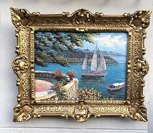 artissimo Cuadro con marco, cuadro barroco, 56 x 46 cm, cuadros enmarcados, vista al mar, barco de vela, 56 x 46 cm, imagen en aspecto antiguo, cuadro de pueblo de pescadores, cuadro con marco