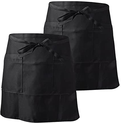 NiceLand Delantal de Cintura Negro con 2 Bolsillos para Camareros, Media Cocina para Chef, Hombres, Mujeres - Corto para Cafetería, Bistró, Restaurante