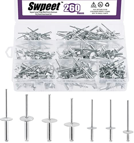 Swpeet 260Pcs 7 Sizes 3/16 1/8 5/32 - M3.2/4/4.8 Large Flange Aluminum Blind Rivets Assortment Kit, Silver Pop Rivets Open End Type Pop Rivet for Indoor and Outdoor Use