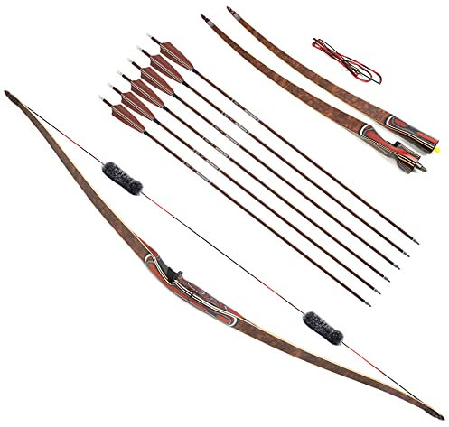 Bogenschießen Takedown Traditioneller Langbogen Recurve Bogen und Pfeile Set Abnehmbarer Jagdbogen Triangle Longbow 20-55lbs Horsebow für die Jagdpraxis für Erwachsene (45lbs, Typ 1: Bogen Set)