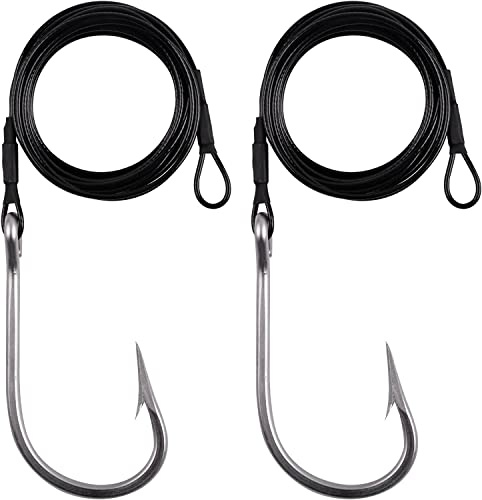 JSHANMEI Stainless Steel Wire Leader with Tuna Shark Hooks, 12/0 Size, 400 lb Breaking Strength, Black, Big Game Fishing Rig