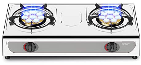 IBOWZ Tables de Cuisson à Gaz Cuisinière à gaz de Camping Portable Cuisinière à gaz 2 brûleurs Wok 5,2 KW Table de Cuisson légère en Acier Inoxydable,Cuisinière avec FFD et Supports de Casserole e