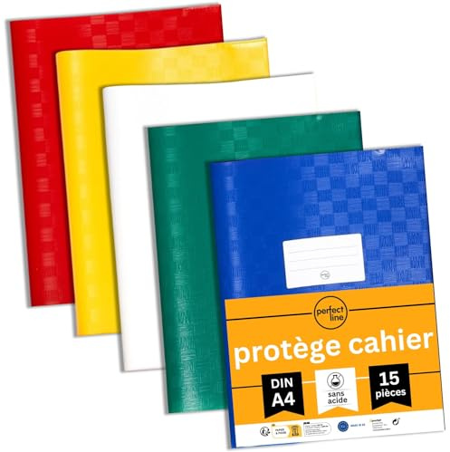 perfect line - 15 Bast-Hefthüllen DIN-A4, 5 Farben, Heftumschlag mit Beschriftungsetikett, Heftschoner aus recyclebarem PP, dokumentenecht