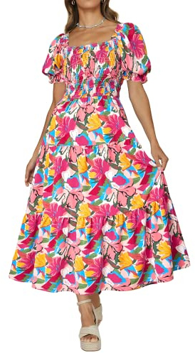 PRETTYGARDEN Women's Boho Floral Print Summer Dresses Square Neck Puff Sleeve A Line Long Dress Smocked Casual Maxi Dress, Rose Red, XL