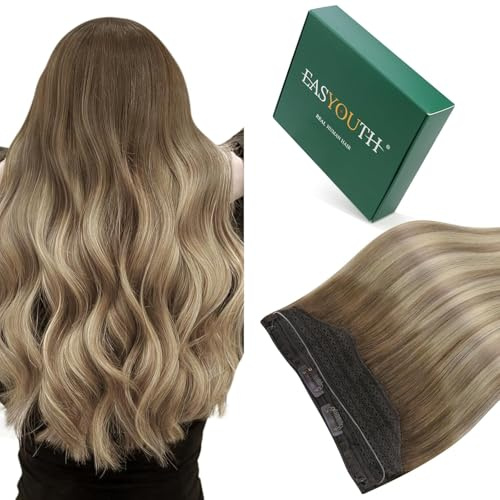 Easyouth Echthaar Extensions Mit Draht Braun Balayage Wire in Extension Echthaar Dunkelbraun Aschbraun Ombre Mittelblond Fish Line Extension Remy Menschenhaar Für Damen #3/8/22 35cm 70g