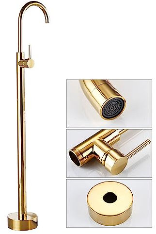 SWHC Einhandmischer für Wanne, Gold Standarmatur Freistehend Wannenarmatur Armatur, Freistehende Armatur Badewanne 360°Drehen Auslauf Messing