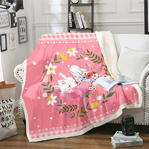 Homewish Kawaii Hasen Kaninchen Sherpa Decke für Mädchen Kinder Nette Ebene Kuscheldecke Schöne Gitter Decken Sofa 150x200cm Multicolor Blumen Vlies Decke Rosa Liebe Herz Druck Plüsch Fleecedecken