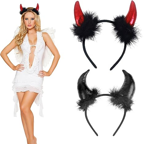 Gxlaihly 2 StückeTeufelshörner Haarreif,halloween teufelshörner,Teufelsohren Teufel Ohren Haarband,Karneval Halloween Party Kostüm Haarschmuck Stirnband Headwear Hörner, Norm, Schwarz + Weiß