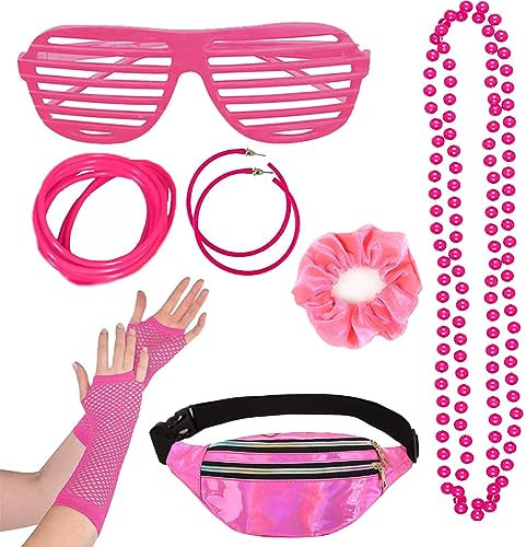 ZOOMPIL 80 Jahre Kostüm Zubehör Set, 80er Jahre Accessoires, Inklusive Netzhandschuhe, Bauchtasche, Brille, Stirnband, Armband, Blitz-Ohrringe, Halskette, für Karneval, Fasching, Rosa