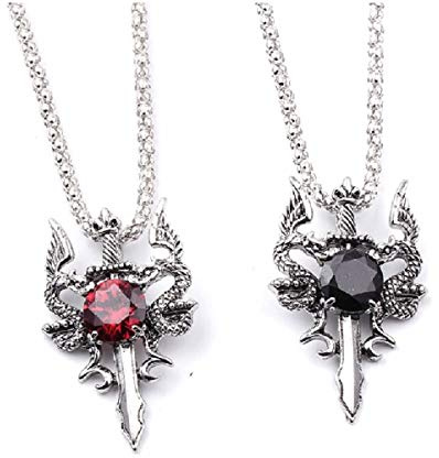 Collier Dragon Homme - Croix Épée Double Dragon, Collier Cristaux Ailés, Bijoux Punk Rouge