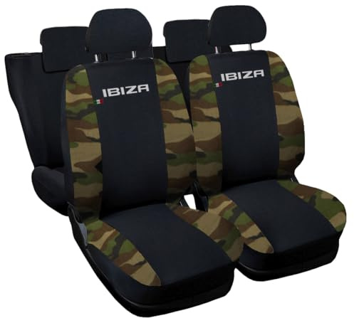 Auto Accessori Lupex - Autositzbezüge kompatibel mit Ibiza, hergestellt in Italien, komplettes Sitzbezug-Set, gesticktes Logo, Polyestergewebe (Schwarz/Camouflage-Grün)