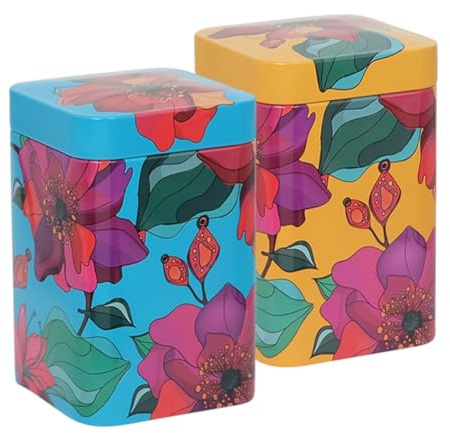 MediMuc Dose Poppy je 100g - 2er Set - mit floralen Motiven aufwendig lackiert, Stülpdeckel - Tee- Kaffeedose lebensmittelecht L/B/H 7,0 x 7,0 x 10,9cm Vol. ca.530ml