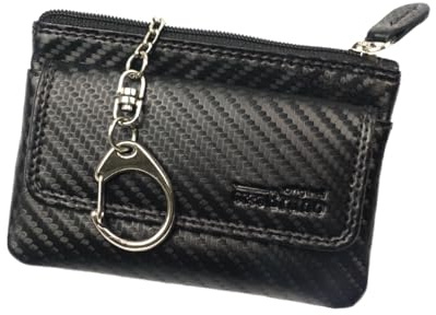 Schlüsseltasche Leder Carbon schwarz Schlüsseletui Leder Carbon Schlüsselmäppchen Damen und Herren Büffel schwarz + Karabiner und 2 Schlüsselringe + Münzfach