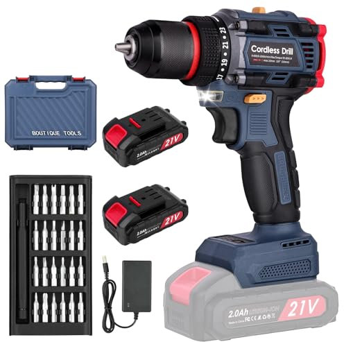 Akku Bohrschrauber mit Bürstenloser Motor - 21V Akku Bohrmaschine Bürstloser mit 2000mAh Akkus, 80 N.m, 2000r/Min, Akkubohrer Klein Akku Schrauber mit 24PCS Schraubendreher-Bohrer, LED Licht