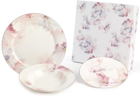 Set 18 Piatti Tema Fiori Pastello in Porcellana d'autore Nàvel 6 Fondi Ø 21,5 cm, 6 Piani Ø 19,5 cm e 6 Piani Ø 26,5 cm con Elegante Scatola Litografata