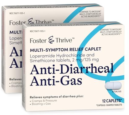 Foster & Thrive Anti-Diarrheal Anti-Gas Multi-Symptom Relief 24 Caplets with Loperamide Hydrochloride and Simethicone, Treatment of Diarrhea, Gas, Bloating, Cramps & Pressure, 12 Caplets (Pack of 2)