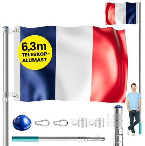 MONZANA® Asta Bandera Aluminio 6,30m Telescopica incl. Anclaje Suelo 60cm Francia Francesa