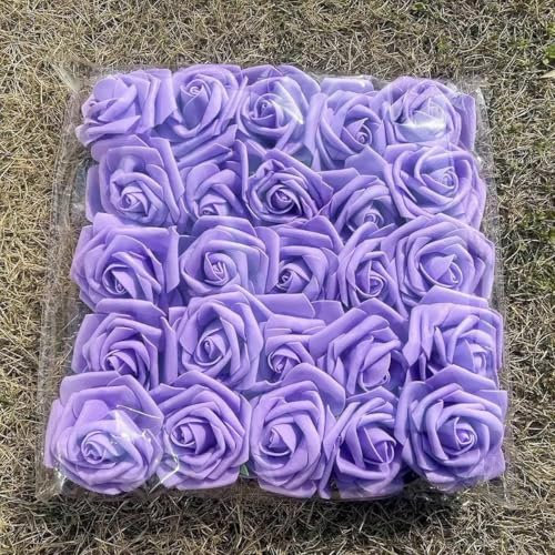 WRJLIN Künstliche Schaumrosen mit Stiel, 8 cm, für Valentinstag, DIY-Blumenstrauß, Brautparty, Heimdekoration, 25–50 Stück, Lila, 25