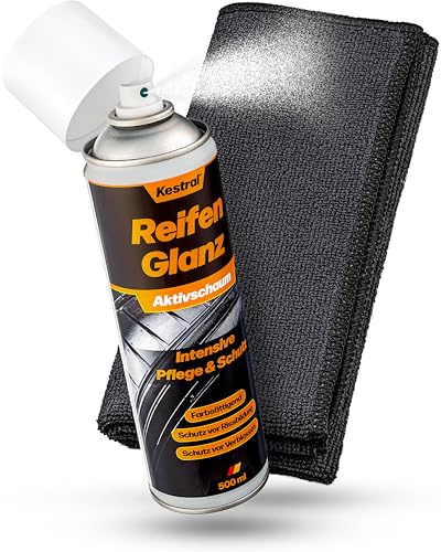 KESTRAL® Reifenglanz Aktivschaum & Mikrofasertuch - Reifenpflege & Schutz vor Rissbildung, UV-Strahlung, Salz & vorzeitiger Alterung - Gummipflege für alle Reifentypen - Made in Germany