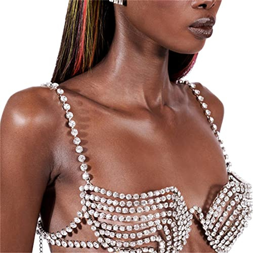 Sexy Körperkette mit fester Geometrie für Damen, Brustkette, Strass-BH-Kette, Kristall-Bikini-Dessous (Silber)