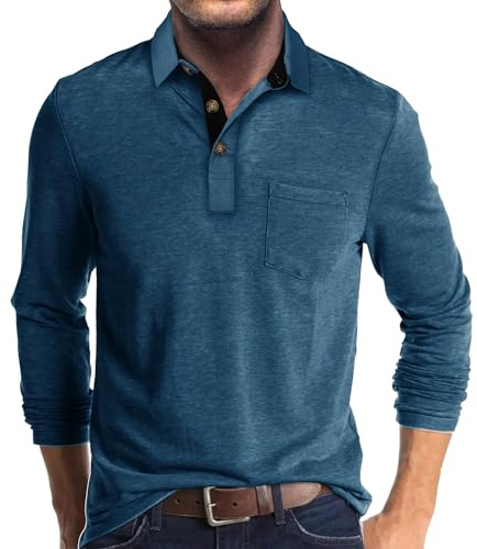 Rodawu Mens Long Sleeve Polo Shirts Golf Tops Casual Smart Polo T-Shirts Grandad T Shirt Designer