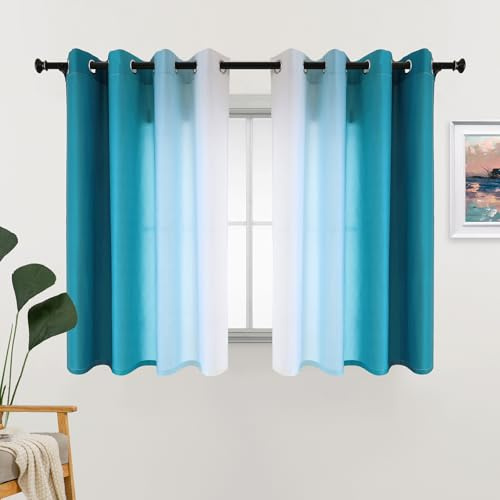 L.Z.E Farbverlauf Vorhänge Kurz Türkis Weiß Fenster Gardine Sichtschutz Lichtdurchlässig für Schlafzimmer Wohnzimmer Fenster 2er Set Privatsphäre Ösen Gardinen in Petrol Weiss 140 x 145 cm Lang Dünn
