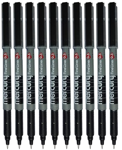 MERCURY FL03 Fineliner Pens, BLACK, Extra Fine Point (0.3mm), Pack of 10, Textured Grip, Precision Fine Lines, Ideal for Write Draw Sketch Colour Draft Mark