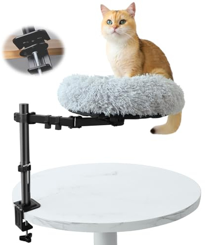 HengLiSam Schreibtisch Katzenbett Halterung, Holz katzenhöhle für Tisch mit Drehbar höhenverstellbaren Metallhalterung Kuschelig weiches Plüsch Kissen Haustiere Katze Betten, für Homeoffice Büro