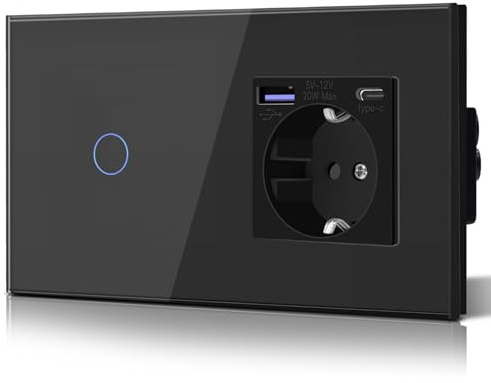 BSEED Lichtschalter mit Steckdose 20W USB C, Schnellladegerät Wandsteckdose aus Glas, 1 Fach 1 Weg Touch Schalter, Einfache Installation, 240V 16A, 157mm Schwarz