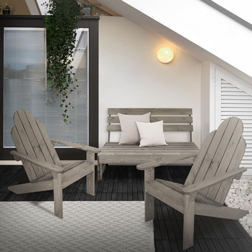 ML-Design 3-delat trädgårdsmöbelset, trädgårdsbänk 3-sits med 2 x Adirondack trädgårdsstol, massivt trä, grå, sittbänk med ryggstöd, parkbänk träbänk, loungeset, trädgårdsstolar med armstöd