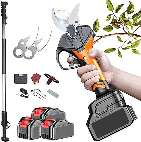 Forbici da potatura elettriche, forbici da giardinaggio senza fili, forbici da potatura potenti con diametro di taglio di 45 mm con 2 batterie e asta di prolunga, per potatura e innesto in giardino