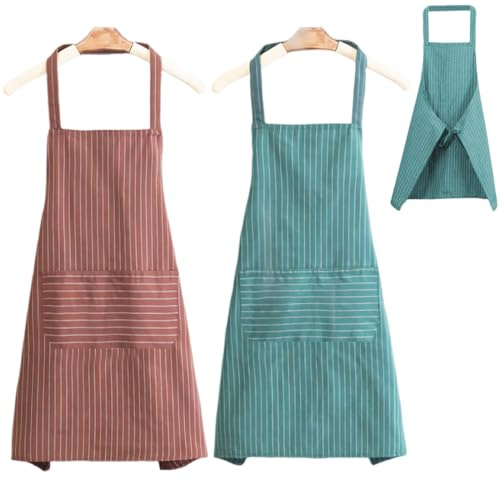 2 Piezas Delantal de Cocina Verde Con Bolsillos, Ajustable de Café, Lavable a Máquina, No Destiñe para Hombres, Mujeres, Restaurante, Cafetería