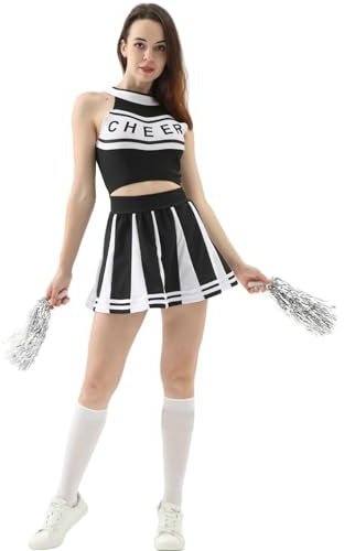 Cheerleader Kostüm Damen mit Pompom und 2-teiliges Set, Kostüm für Erwachsene, für Karneval Schwarz M