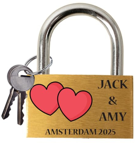 Personalized Engraved Love Lock - Wedding & Anniversary Ceremony Gift - Custom Padlock Couples Name Linked Hearts Romantic Bridge Keepsake (Double Hearts)
