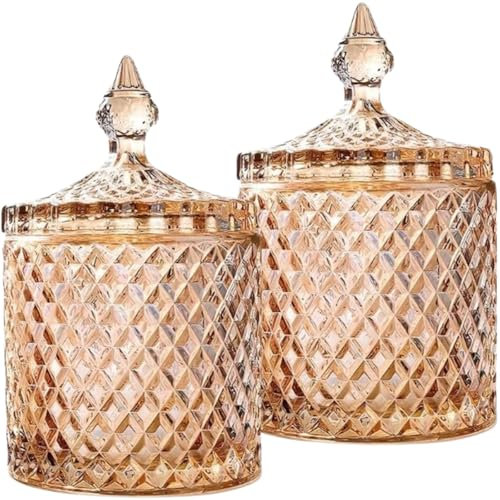 HANFCO® 2Pcs 10oz Glass Cotton Bud Holder Dispenser Cotton Pad Holder Amber Jars With Lid Bathroom Accessory Makeup Vanity Cotton Balls Wool Swab Pads Q Tip Candle Holder Apothecary Jars (Amber)