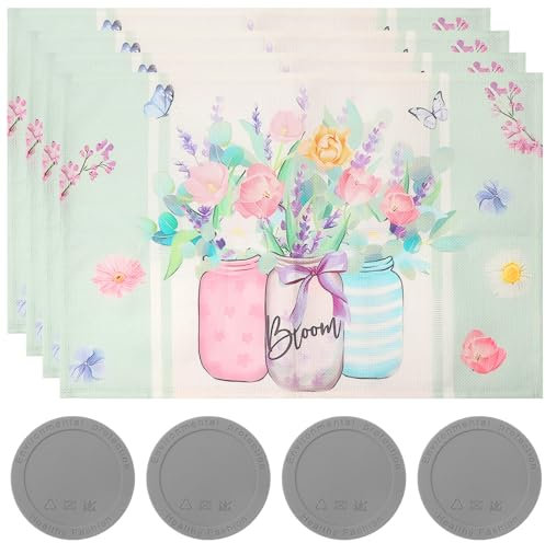 APOMOONS de 4 Manteles Individuales y 4 Posavasos de Silicona 30 * 45cm de Cocina Lavables Manteles Individuales de Tela Decoración de Mesa Decoración de Fiestas de Interior