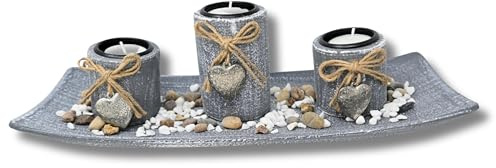 damaloo Graues Teelichthalter Set mit Herzen – Herz Deko Wohnzimmer, Badezimmer & Tischdeko – Teelicht Halter aus Holz mit Steinen – Dekoartikel für Wohnwagen - Kerzenhalter grau - Kerze