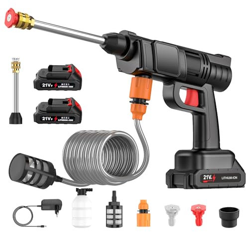 Nettoyeur Haute Pression san Fil, 30 Bar Pistolet à Eau Haute Pression Portable avec 2 × 6000mAh Batteries, Chargeur et Tuyau 5 m, 435 PSI Nettoyeur Haute Pression Batterie pour Jardin et Voiture